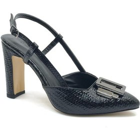 Resim Feles Toka Detaylı Kalın Ökçe Arkası Açık Stiletto Kadın Topuklu Ayakkabı Siyah 