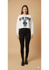 Resim Kadın Ayı Figürlü Crop Sweat Payetli Teddy Bear İpli Detaylı Yazılı Yuvarlak Yaka Kısa Swat Ekru 