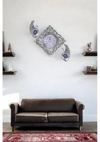 Resim Dekoratif Polyester Duvar Saati Ve Nazar Boncuklu 2 Kuğu - Gümüş 