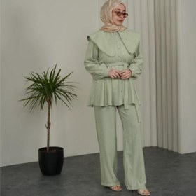 Resim Neşeli Butik kadın mint yeşili geniş kesim yaka detaylı kuşaklı ikili tesettür takım NBVQ3148 