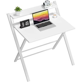 Resim AYZ Bodo Metal Ayaklı Laptop Masası Katlanır Çalışma Masası Raflı Masa Katlanır Laptop Sehpası Beyaz 
