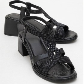 Resim Luvishoes Luvi Shoes Dolen Siyah Taşlı Hakiki Deri Kadın Kalın Topuklu Sandalet Siyah 