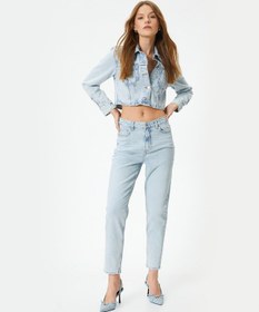 Resim Koton Yüksek Bel Kot Pantolon Kısa Paça Cepli - Mom Jeans Bleach 4sal40062md Açık Mavi 