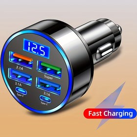 Resim 6'sı 1 Arada Hızlı Şarj Araba Adaptörü, 3.1A & Çift Type-C, Dijital Ekran - Akıllı Telefonlar, Tabletler, Güç Bankaları için Hızlı Şarj, Şık Siyah Araba Fişi Tasarımı, Taşınabilir Şarj Cihazı 