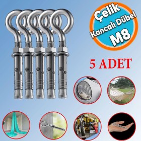 Resim Nzb Kancalı Çelik Dübel M8 (5 Adet) Salıncak Boks Torbası Lamba Avize Için Gömlekli Kapalı Ağız Kanca 