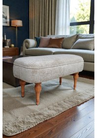 Resim Dikdörtgen Puf Callısto İthal Kadife Kumaş Klasik Ahşap Ayaklı Modern Tasarım Açık Bej 