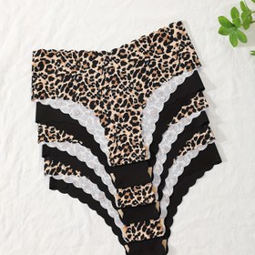Resim 6 adet Dikişsiz Leopar Desenli Dantelli Kısa İç Çamaşırı, Seksi Rahat Nefes Alabilen Esnek İç Çamaşırı, Kadın İç Giyim & İç Çamaşırı 