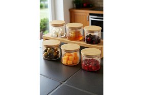 Resim 6'lı Borosilikat Cam Kahvaltılık Seti - Vakumlu Silikonlu Bambu Kapak 