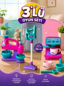 Resim SAZE 3’lü Oyuncak Seti Çocuk Süpürge + Oyuncak Mikser + Kahve Makinesi Mutfak Seti 55 cm Süpürge Evcilik Oyuncağı 