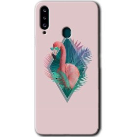 Resim Bera Aksesuar Samsung Galaxy A20S Kılıf Hd Desen Baskılı Arka Kapak + Temperli Cam - Flamingo 