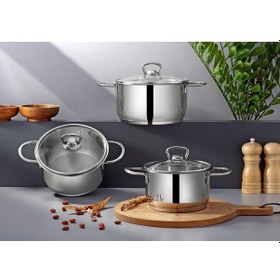 Resim Valensiya 6 Parça 304 Kalite Paslanmaz Çelik Güveç Tencere Seti Cam Kapaklı 14-16-18 Cm Gri 