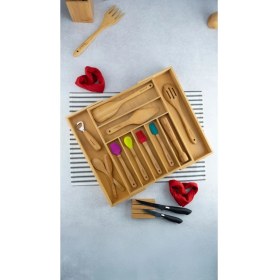 Resim Kahverengi Ayarlanabilir Çekmece Düzenleyici, Kaşıklık ve Bıçaklık Seti 