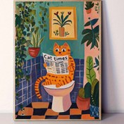 Resim 2D Düz, 1 Adet Komik Turuncu Kedili Tuvalet Tuval Posteri - "Kedi Zamanları" Gazete Parodisi ile Modern Banyo Duvar Dekoru, Çerçevesiz Teal Renkli Banyo Sanat Eseri, Bitki Desenli - Kedi Severler İçin Mükemmel Hediye, Oturma Odası, Ofis, Kafe Dekorasyonu, Mizahi Sanat, Canlı Renkler, 2D Düz 