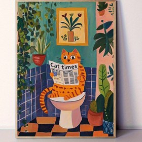 Resim 2D Düz, 1 Adet Komik Turuncu Kedili Tuvalet Tuval Posteri - "Kedi Zamanları" Gazete Parodisi ile Modern Banyo Duvar Dekoru, Çerçevesiz Teal Renkli Banyo Sanat Eseri, Bitki Desenli - Kedi Severler İçin Mükemmel Hediye, Oturma Odası, Ofis, Kafe Dekorasyonu, Mizahi Sanat, Canlı Renkler, 2D Düz 