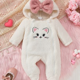 Resim Sevimli Kedi Nakışlı Uzun Kollu Kapüşonlu Peluş Tulum, Fiyonk ve Çift Fermuarlı, Soğuk Hava Giysisi, Rahat Malzeme, Dayanıklı Dikiş, Konforlu Zipli Body, Dış Mekan İçin Mükemmel Kışlık Kıyafet 