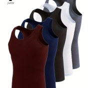 Resim 5 Paket Erkek Tank Üstleri, Düz Renk Crew Neck, Nefes Alabilen Hızlı Kuruyan Polyester %100, Dar Kesim, Örgü Kumaş, Yaz Spor Fitness Yeleği, Erkekler için Rahat Düz Renk Üstler 