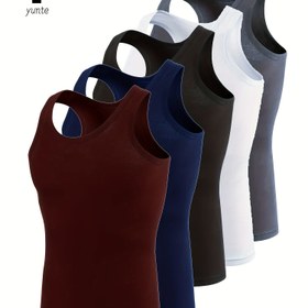 Resim 5 Paket Erkek Tank Üstleri, Düz Renk Crew Neck, Nefes Alabilen Hızlı Kuruyan Polyester %100, Dar Kesim, Örgü Kumaş, Yaz Spor Fitness Yeleği, Erkekler için Rahat Düz Renk Üstler 