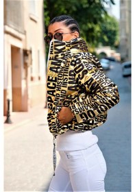 Resim Keyifli Moda Kadın Gold Parlak Yazılı Dik Yaka Kısa Şişme Mont 