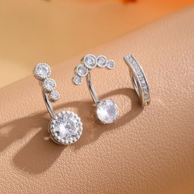 Resim 3 adet paslanmaz çelik delikli göbek halkası seti, bakır kakmalı sentetik zirkon taşlı kadın vücut piercing takısı 