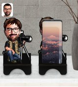 Resim Bk Gift Kişiye Özel Erkek Fotoğrafçı Karikatürlü Ahşap Biblo Telefon Standı-1 
