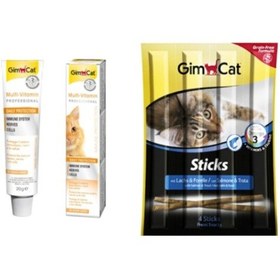 Resim Gimcat Tahılsız Alabalık ve Somonlu Sticks Kedi Ödül Çubukları 4 x 5 G + Gimcat Multi-Vitamin Paste Kedi Macunu 20 G 
