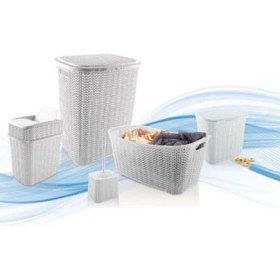 Resim Neonova 5 Parça Örgü Desenli Plastik Banyo Seti Çamaşır Sepeti Deterjanlık Çöp Kovası Klozet Fırçası - Gri 