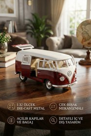 Resim craftivio 1:32 Ölçek Metal Çek Bırak Nostaljik Volkswagen T1 Minibüs Vosvos Oyuncak Araba - Bordo (13 cm) 