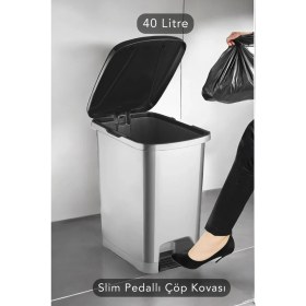 Resim PremiumPort Şık Slim Pedallı 40 Litre Banyo Mutfak Çöp Kovası, Antrasit 