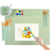 Resim 1 Set Silikon Boyama Matı-50.8cm X 40.64cm Silikon Sanat Matı, 1 Kalem Tutucu ve On Boya Fırçası ile-Silikon El Yapımı Mat 14 Renk Bloklu-2 Renkli Sayfa Pembe/Mavi/Yeşil, Halloween, Noel, Paskalya, Şükran Günü için Mükemmel 