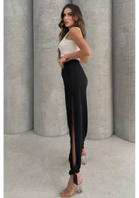 Resim Lesa Wear Yumuşacık Yüksel Bel Likralı Yırtmaç Detaylı Jarse Pantolon Flared Siyah 