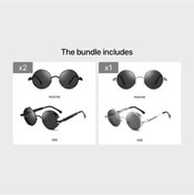 Resim Oldfriend Buharlı Punk Yuvarlak Vintage Retro Gözlük - Siyah 2+ Gri Çerçeve Polycarbonat Lens Altın 