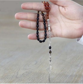 Resim Tesbihname Ateş Kehribar Tesbih - Metal Püsküllü - Sarı Siyah - Zülfikar Uçlu İsme Özel Yazılı - Arpa Kesim Çok Renkli 