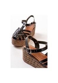 Resim 684-02 Siyah Ortopedik Hakiki Deri Dolgu Kadın Sandalet Altın - Taba 