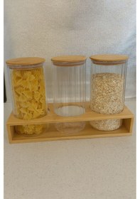 Resim Morponi Borosilikat Cam Bambu Stantlı Ve Bambu Kapaklı Optik Çizgili Baharatlık Seti 1400 Ml Alg11522 Amber 