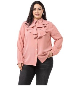 Resim Büyük Beden Yakası Çift Volanlı Pudra Gömlek-pudra Pudra 