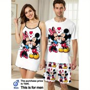 Resim Disney Mickey Mouse & Minnie Mouse Baskılı Çift Set, Erkek Kısa Kollu Tişört ve Şort veya Kadın Camisole Gecelik Elbise. Yumuşak, Nefes Alabilen Yuvarlak Yakalı Tişört ve Esnek Bel Bandı Şortlu Rahat Pijama Takımı, 1 Takım 