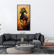Resim Yağlı Boya Dokulu Tablo Koşan Siyah At Siyah Çerçeveli U04037-178951 
