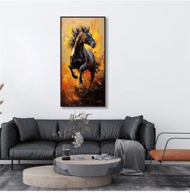 Resim Yağlı Boya Dokulu Tablo Koşan Siyah At Siyah Çerçeveli U04037-178951 