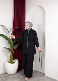 Resim Weak Blue Kadın Tesettür Takım Çift Kat Görünümlü Fermuarlı Tunik Bol Paça Pantolon Moda Kumaş İkili Takım 
