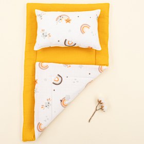 Resim Alt Açma Matı ve Yastık - Çift Taraflı - Hardal Petek - Turuncu Gökkuşağı 