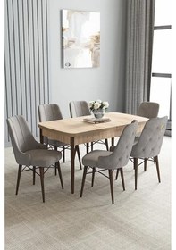 Resim Loft Meşe Desen 80x132 Açılabilir Mdf Masa Yemek Odası Takımı, Mutfak Takımı 6 Sandalye Gri 