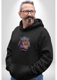 Resim Su Aygırı Hipopotamo Renkli Kadın Erkek Siyah Kapüşonlu Sweatshirt Hoodie Siyah 