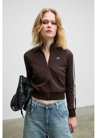 Resim Grimelange Repeta Kadın Dik Yakalı Nakış Detaylı Fermuarlı Slim Fit Kahverengi Ceket Kahverengi 