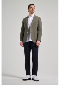 Resim İmza Çizgili Desen Gofreli Mono Yaka Malzemesiz Esnek 6 Drop Slim Fit Ceket 1002250122 Koyu Haki 