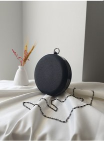 Resim Vivazzaluxe Modern Yuvarlak Model Simli Düğün Nişan Gelin Kadın Abiye Clutch Çanta Siyah 