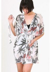 Resim Pareo Plaj Elbisesi Kimono Std Yazlık Oversize Tül Gömlek Kemerli Elbise Tropikal Beyaz 