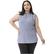 Resim Büyük Beden Yakası Bağlamalı Dik Yaka Yanı Yırtmaçlı Dökümlü Kolsuz Gri Bluz Gri 