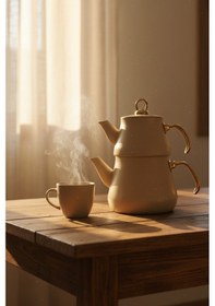 Resim Yunusoğlu Home Granit Kaplama Gold Kulplu Cam Kapak Çaydanlık Krem Krem 