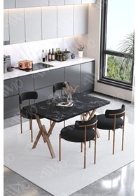 Resim Avvio Lionte Teddy Sandalye 80x120 Yemek Masası Mutfak Masası 4 Kişilik Masa Sandalye Takımı Bukle Kumaş Siyah Mermer 