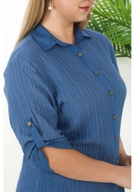 Resim Lady Majestic %100 Cotton Büyük Beden Kadın Müslin Kumaş Gömlek Mavi 